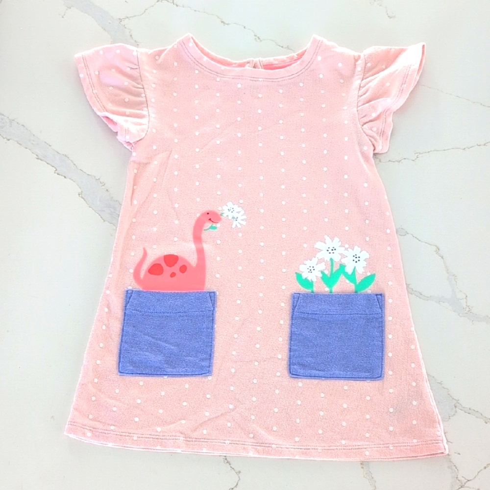 Pink Polka Dot Dress with Dinosaur and Flower Pockets 3T